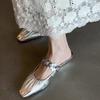 Bright Leather Flower Slip Slippers Summer New Square Toe Shallow Mouth Inside Heightened Pleated Wrapped Toe Sandals