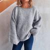 Dámský jednobarevný ležérní volný pletený svetr s kulatým výstřihem a dlouhým rukávem