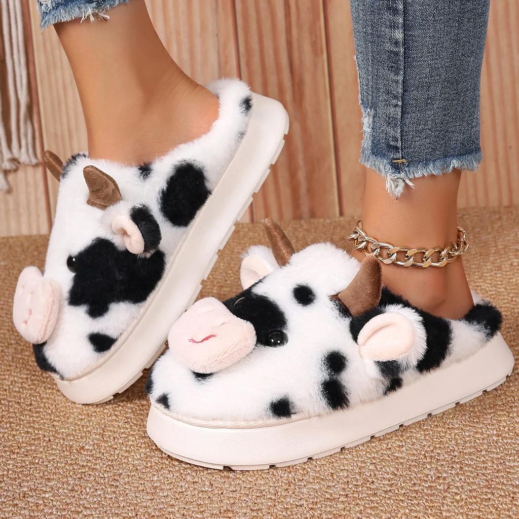 Unisex Cartoon Cow Warm Plush Slippers 2025 New Couple Indoor Non-slip House Slippers Men Women Home Cotton Shoes Slides Women