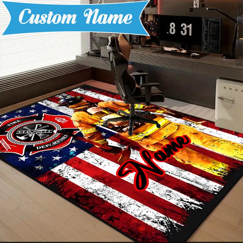 Custom Name Firefighter Pride Rug for Living Room, Game Rooms, Office, Bedroom, Floor Mat Playful Design, fan gifts Christmas decor