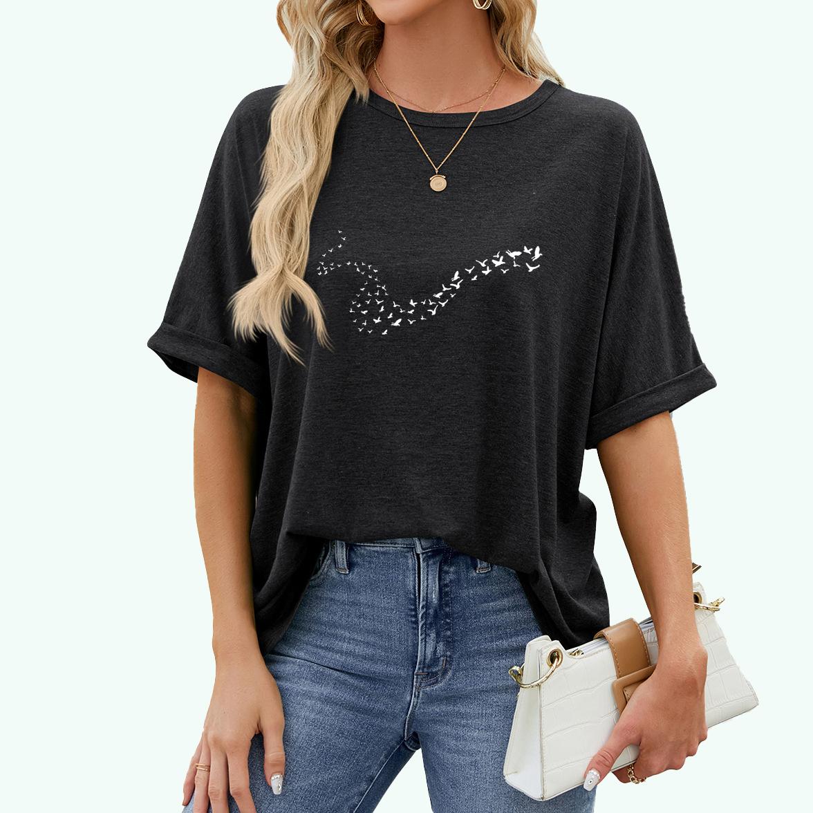

Женская футболка с модным принтом больших размеров, повседневный топ с круглым воротником и коротким рукавом, летний пуловер, свободная футболка S чёрный