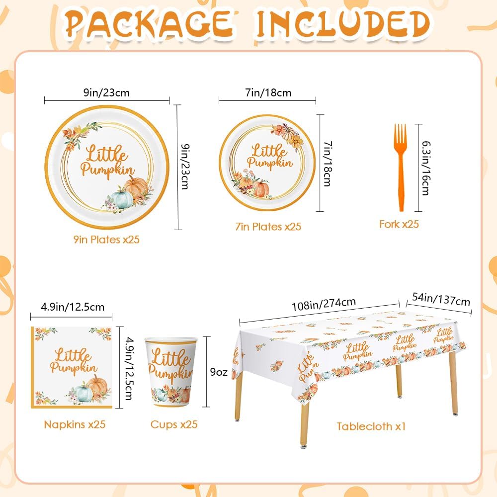 151 Pcs Little Pumpkin Baby Shower Party Decorations Set Serves 25, Pumpkin Plates and Cups, A Little Pumpkin is On The Way Baby Shower, Boy Girl