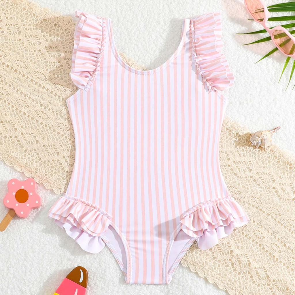Girls One Piece Swimsuit Ruffle Detail Sleeveless Striped Pattern Swimwear Kids Beachwear Suitable for Swimming and Water Activities