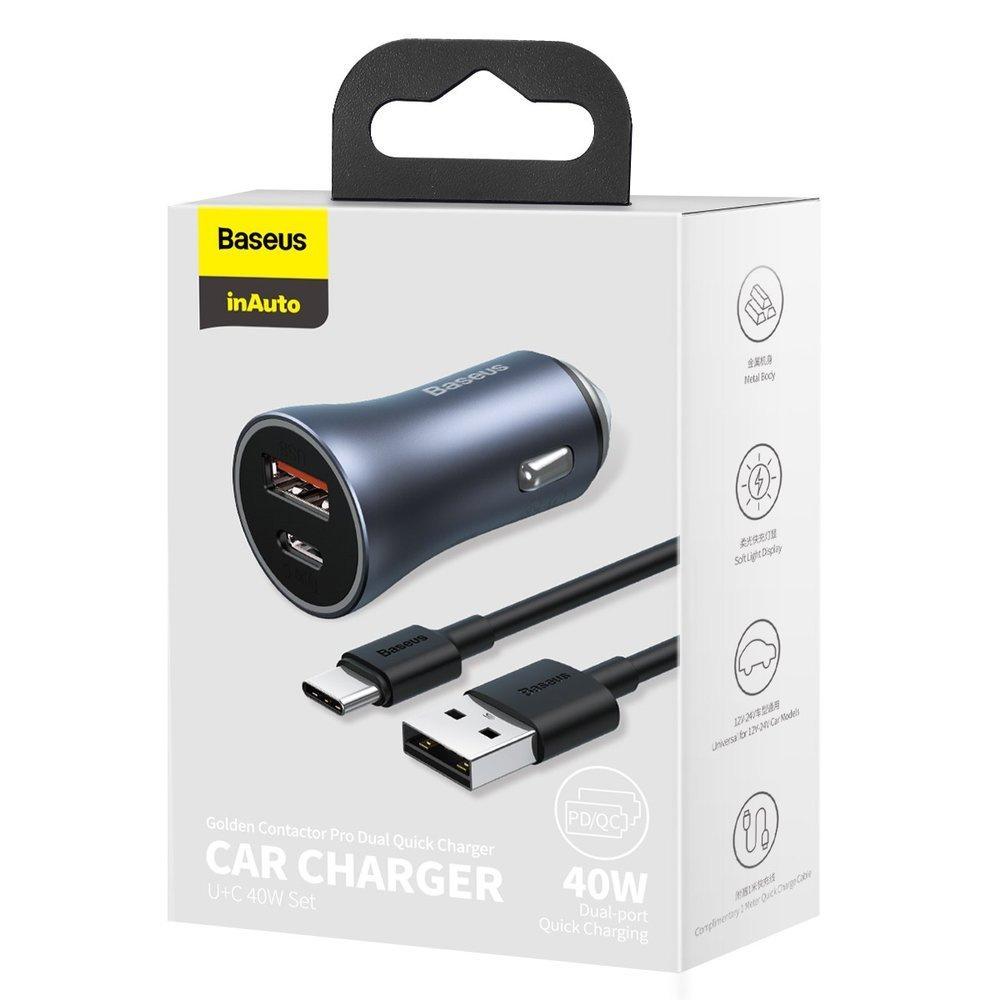 Baseus Pro Dvouportová nabíječka do auta 40W USB-C & USB-A s kabelem - Šedá | Podpora PD QC 4.0+ SCP FCP AFC