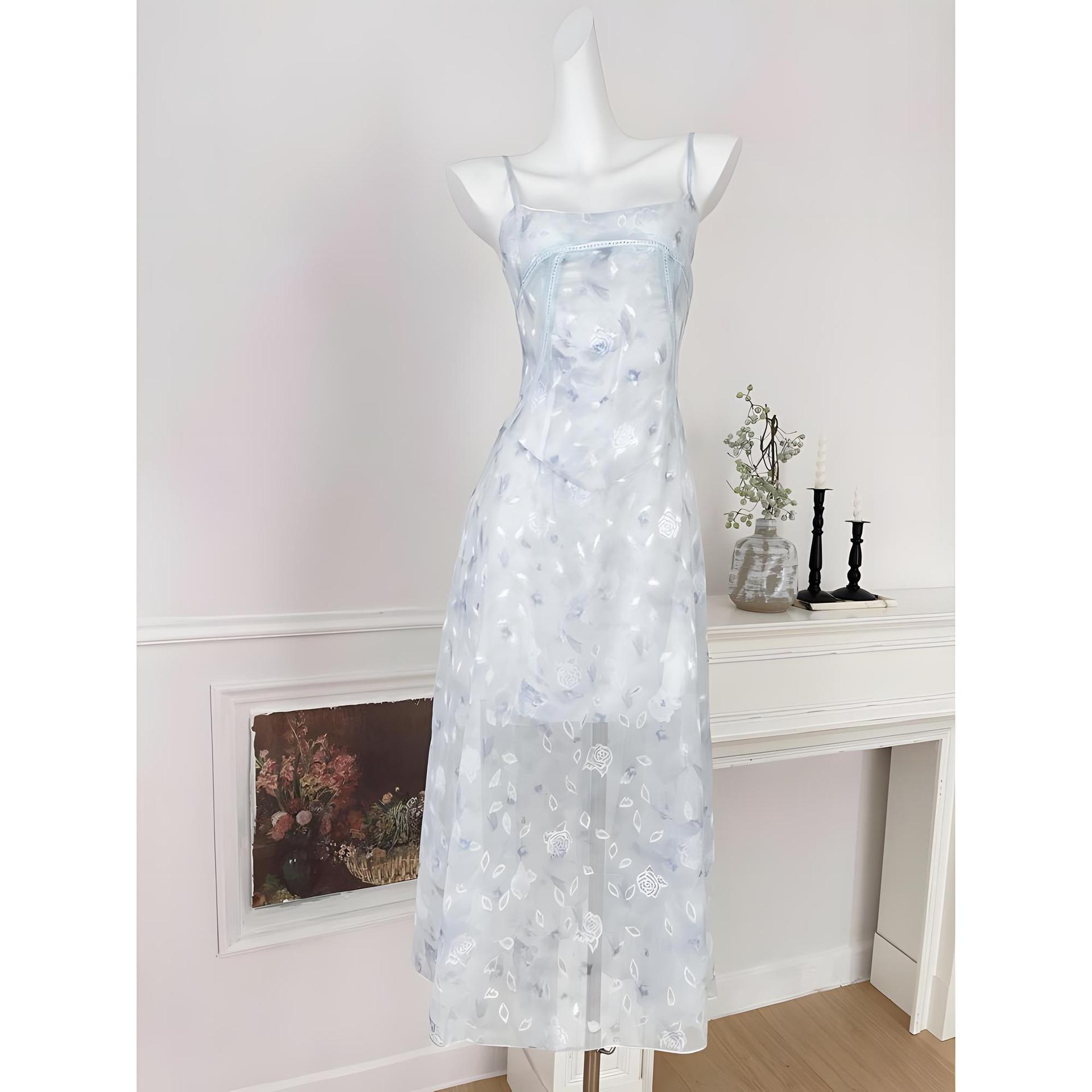 

Sweet little flying sleeve floral dress women s summer waist small princess puffy cake skirt S- (can be worn within 45kg) синій