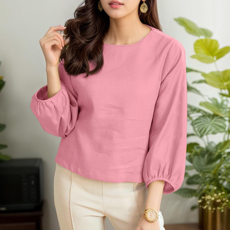 ZANZEA Women Casual Round Neck 3/4 Sleeve Loose Plain Blouse