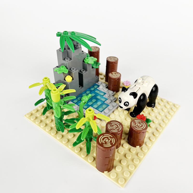 Ovly Farm Zoo Panda Habitat MOC Parts Set Animals Tree Bamboo Stones DIY Building Block Kit Kids Gift with Manual