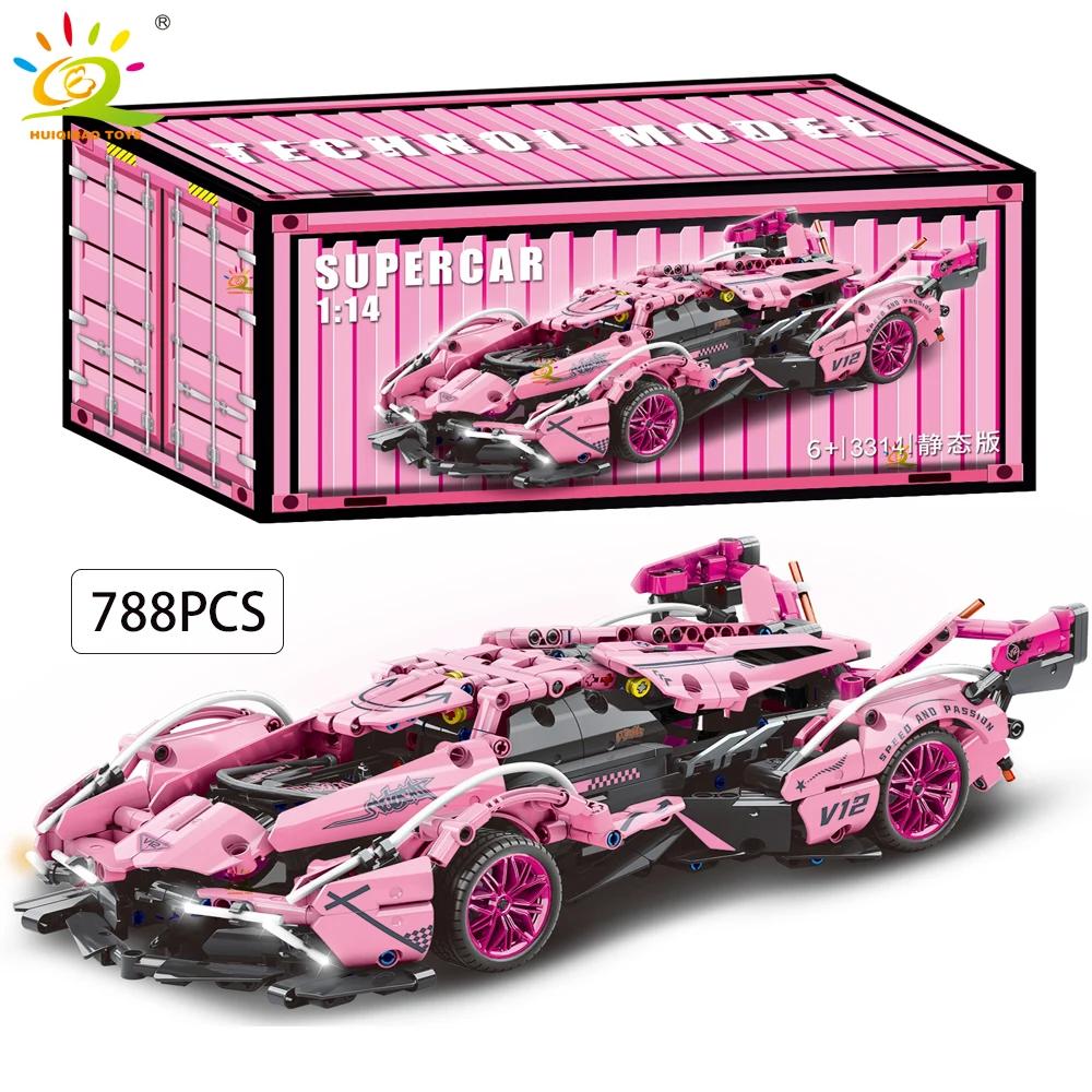 HUIQIBAO 1:14 Racerbiler Teknisk Modell Byggeklosser MOC LED-linje Klosser Utstillingsboks Barn Bykonstruksjonsleke Gutt Spill