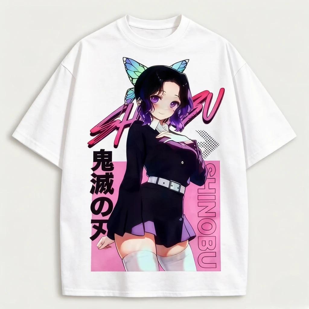 Oversized White Demon Slayer Shinobu Kocho Anime Graphic T-Shirt with Streetwear Print 4XL