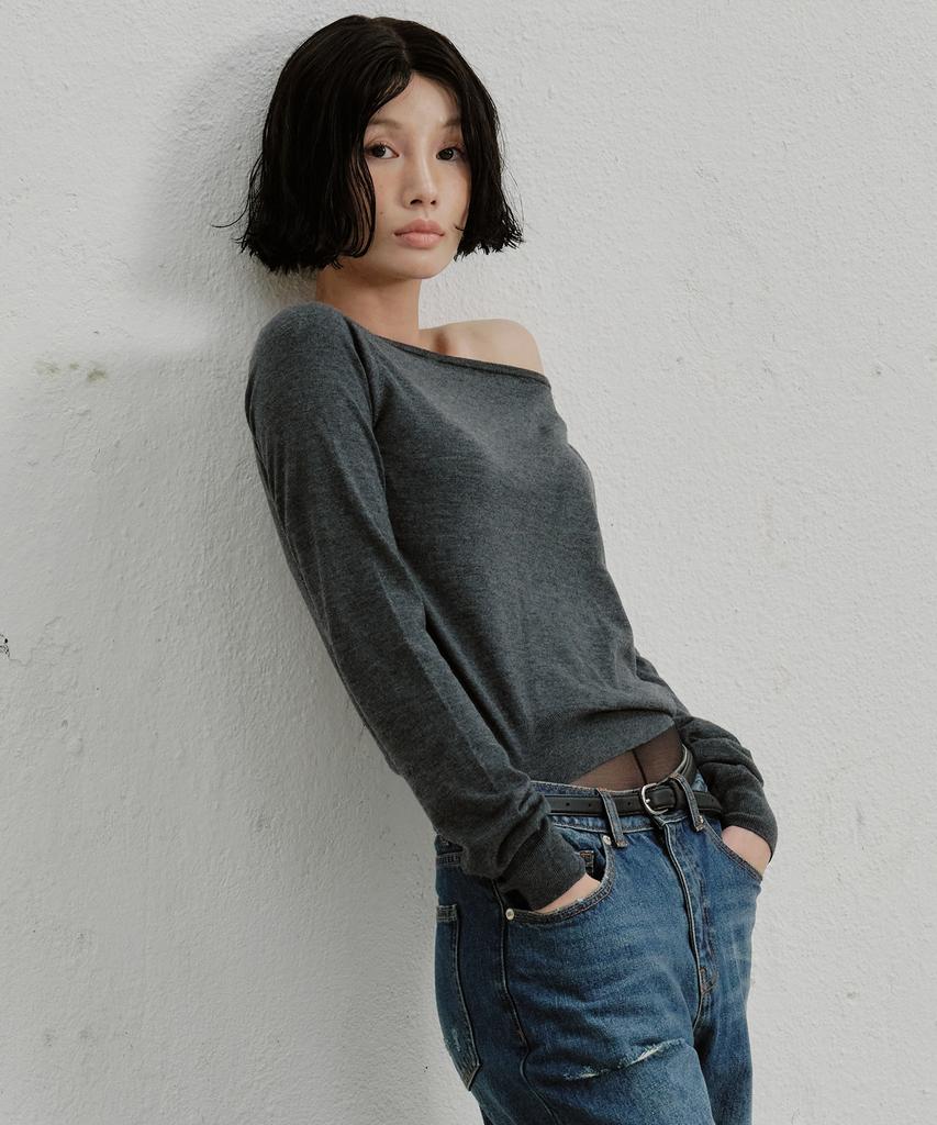PLAC WOMEN Wool Blend Boat Neck Knit Top Melange Grey