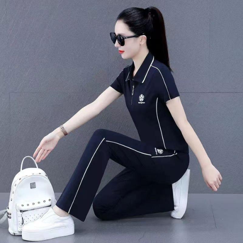 Fashion Sportswear Suit Women's Summer Style Short-sleeved Large Size Casual Wear Straight Pants Two-piece Set