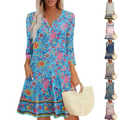 Women's Summer Dress Loose V Neck Three-quarter Sleeve Sundress With Pockets Dress