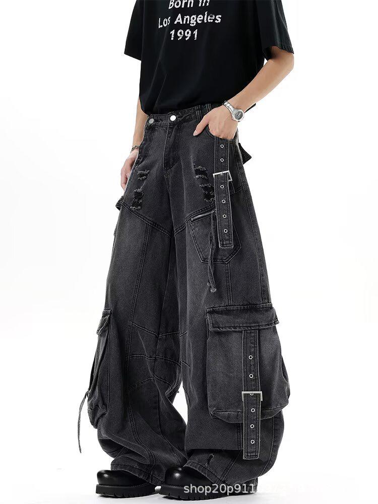 Unisex Deconstructed Ribbon Cargo Denim Jeans - Trendy Autumn Ripped Wide-Leg Multi-Pocket Style for High Street