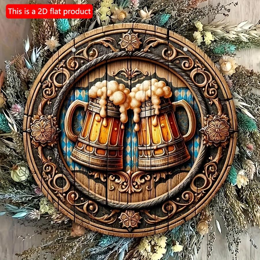 1ks 2D Plochá Oslava Oktoberfestu Znamení - 20cm Kulatá Dřevěná Dekorace Biergarten s Pivními Půllitry a Uvítacím Nápisem Prost - Ideální pro Domov,