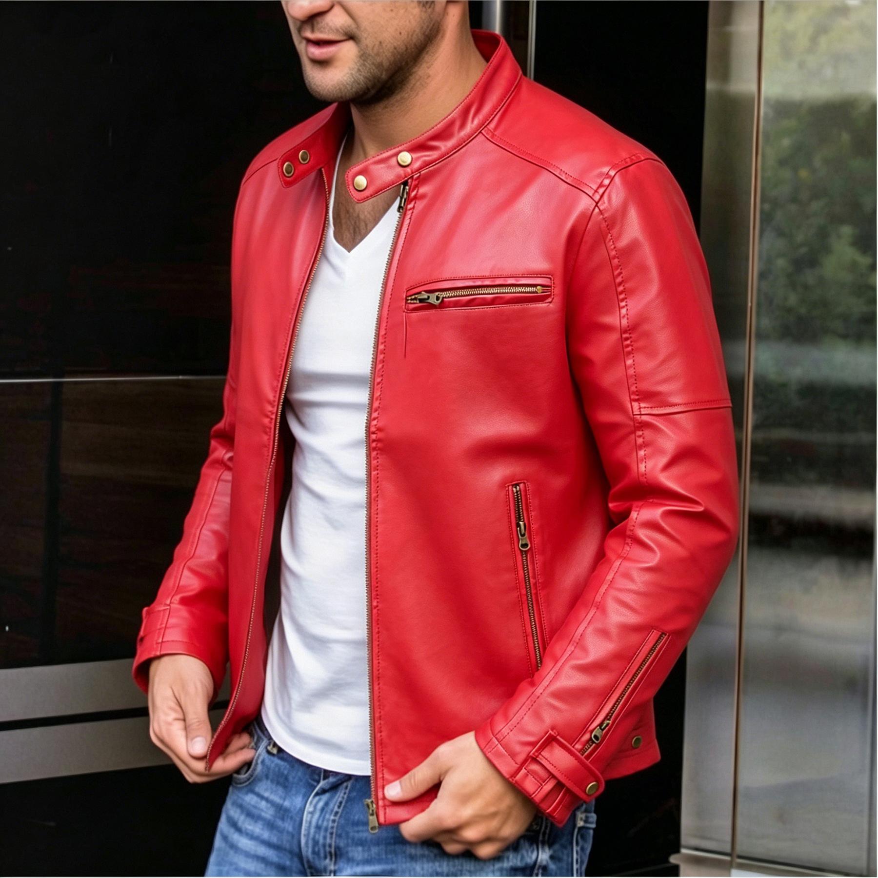 European and American men s clothing men s PU leather jacket men s youth stand-up collar punk men s locomotive leather jacket S
