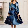 Women Plus Size V Neck Long Sleeve Printed Cyan A Line Dress With Tie Waist