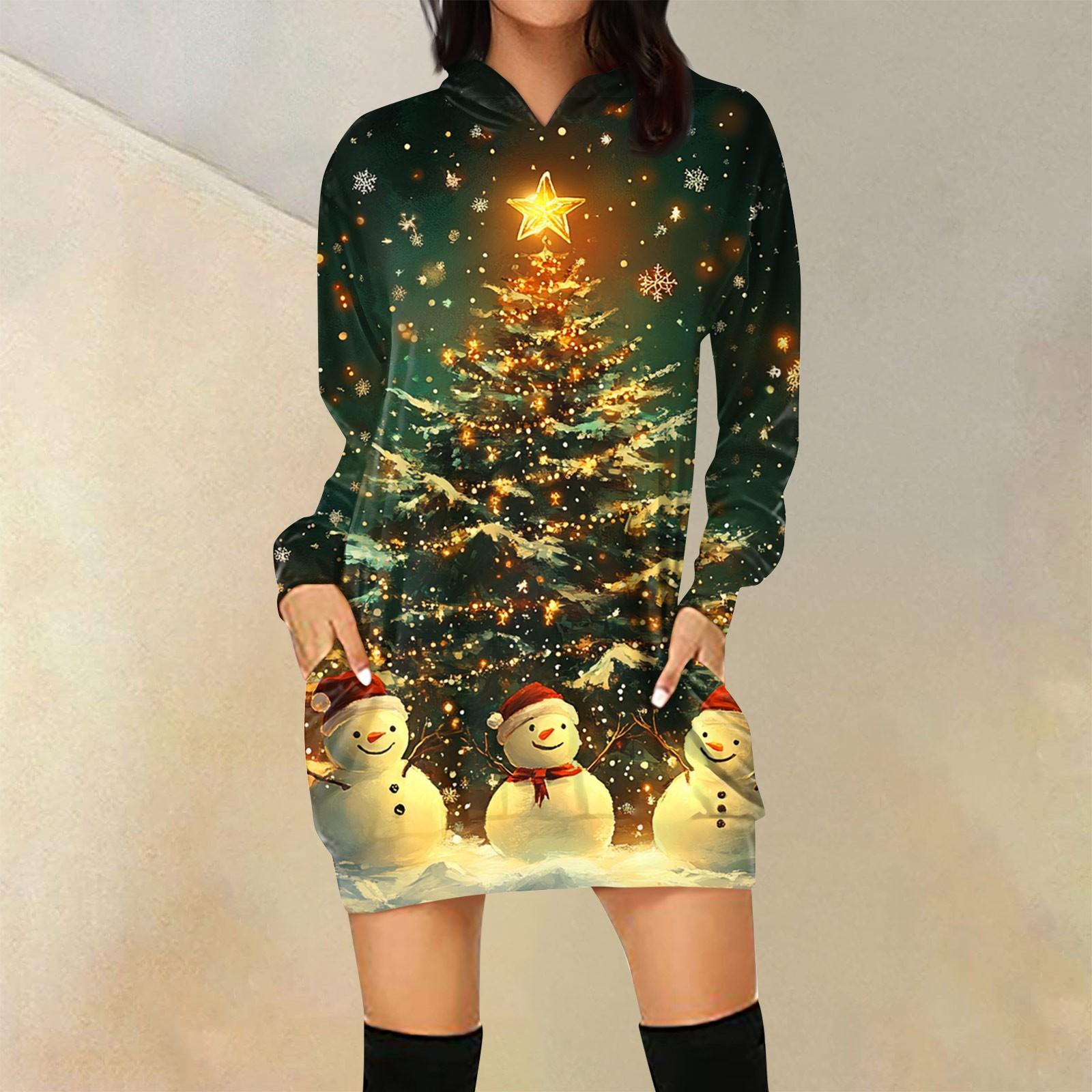 

Женская свободная повседневная толстовка с капюшоном и карманом с длинными рукавами с рождественским принтом, длинный топ M