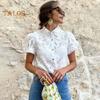 Women Shirt Lapel Puff Short Sleeve Slim Fit Shirt Tops Solid Color Button Closure Hollow Lace Crochet Blouse