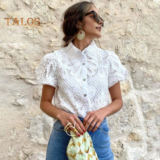 Women Shirt Lapel Puff Short Sleeve Slim Fit Shirt Tops Solid Color Button Closure Hollow Lace Crochet Blouse