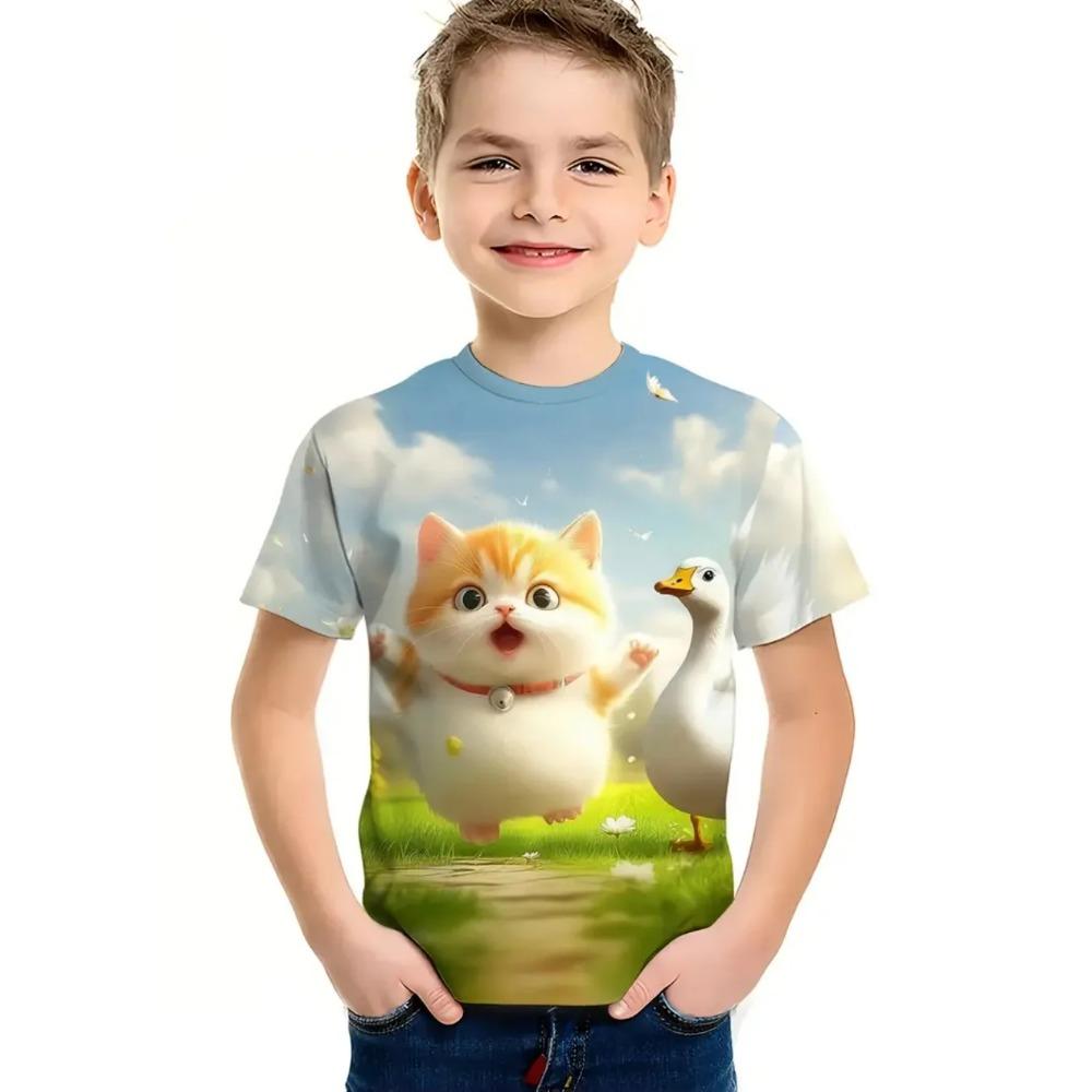 Hip Hop Cat Boys T-Shirt Cute 3D Print Summer Short Sleeve Round Neck Casual Kid Top Comfortable Soft Breathable T-shirt
