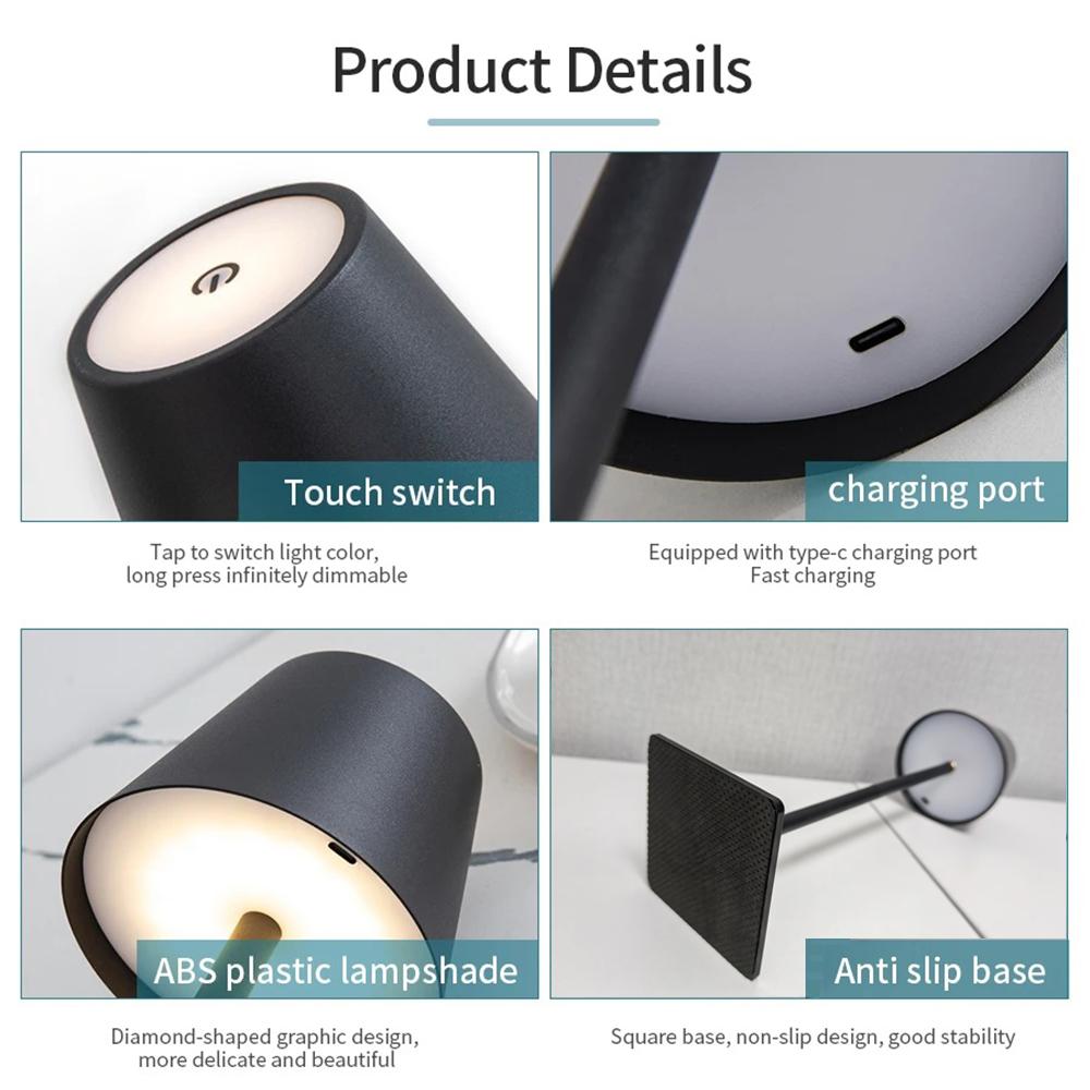 Wireless LED Touch Sensor Table Lamp 3 Colors Adjustable Creative Ambient Night Light Rechargeable Reading Lamp for Study Room