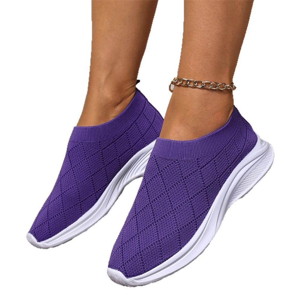 Women's Fashion Breathable Flyknit Casual Round Toe Slip On Shoes Lightweight Flexible Sole Comfortable Walking Footwear