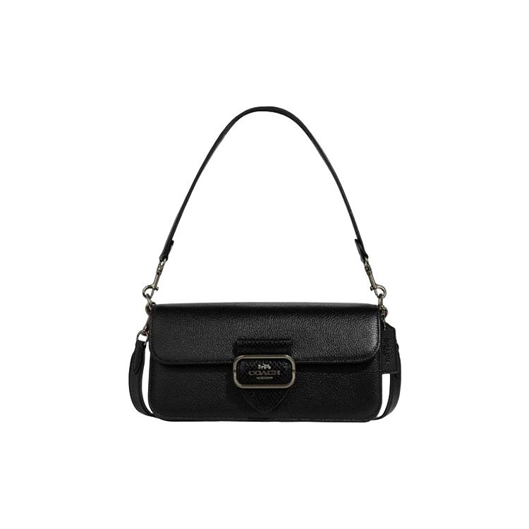 Coach Black Pebbled Leather Flap Shoulder Bag with Turnlock Closure for Daily Use Basic Set (Bag+Dust Bag)