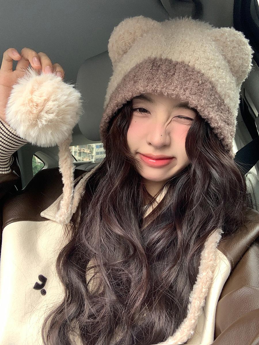 

Autumn and winter contrasting colors cat ears plush hat casual cute hairball strap warm ear protector knitted hat woman M（56-58cm） чорний
