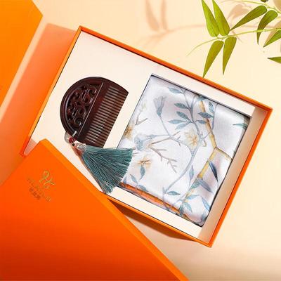 Hangsilu Women's Mulberry Silk Scarf & Sandalwood Comb Gift Set