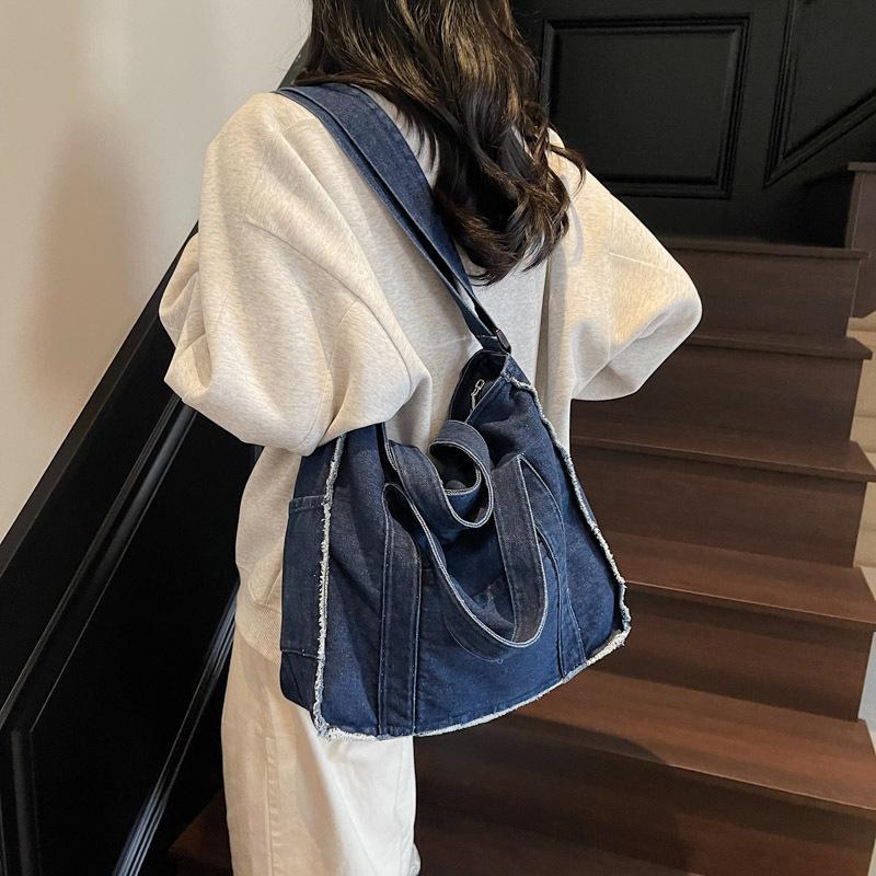 Harajuku Style Fringed Denim Bag, Women's Commuting Crossbody Bag, Large Capacity Hand-held Tote Bag, Canvas Shoulder Bag
