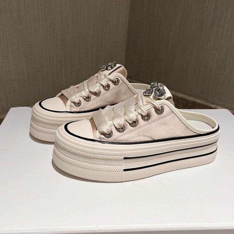Super fire little white shoes platform heightening niche canvas shoes women's 2025 spring new European popular bag head half slippers