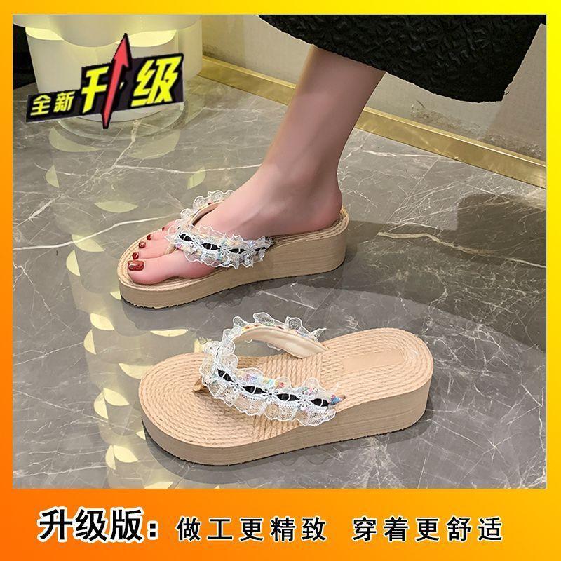 High fashion fairy sweet slippers travel beach sandals slope with flip-flops girl 2025 summer new