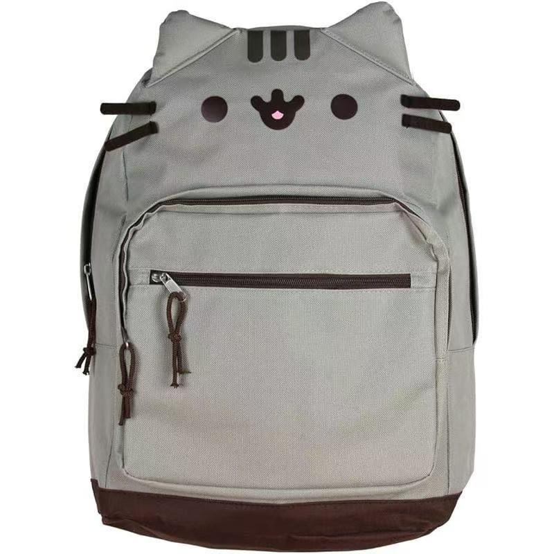 Double Shoulder Cartoon Cat & Bear Canvas Backpack - Cute, Large Capacity, Soft Brown & Milk White for Students