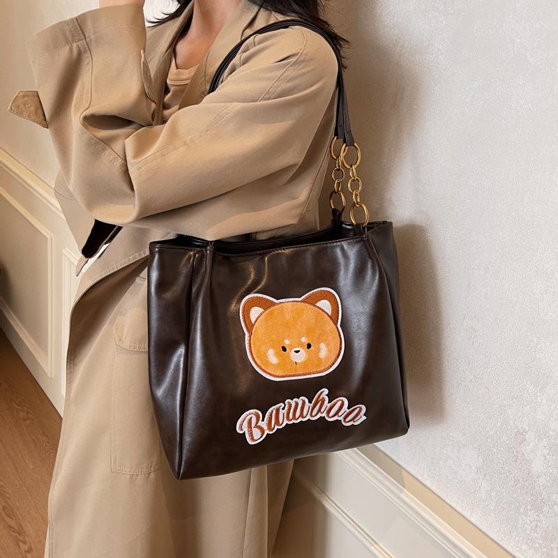 Bag women's new PU bucket bag bear letter embroidery trendy fashion shoulder bag large capacity messenger bag