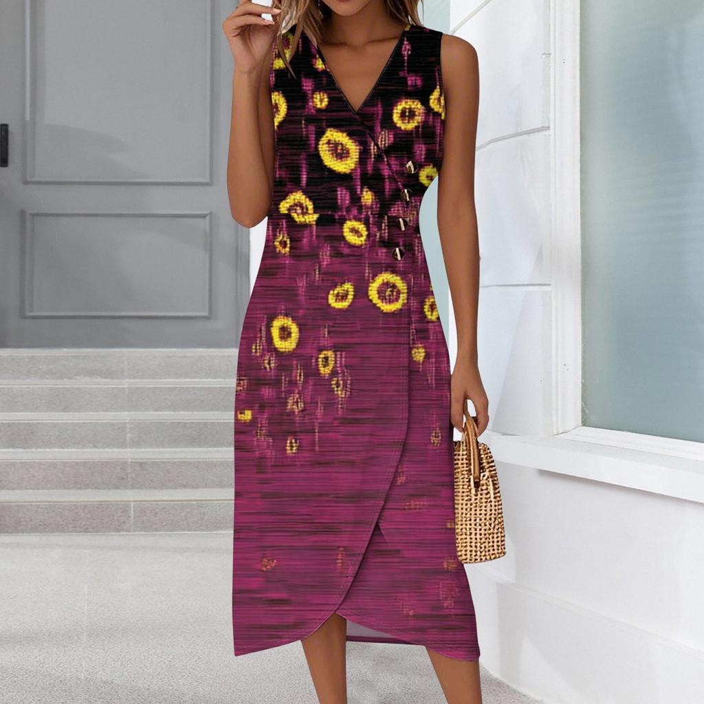 Women's Casual V-Neck Spring/Summer Sleeveless Button Retro Print Dress