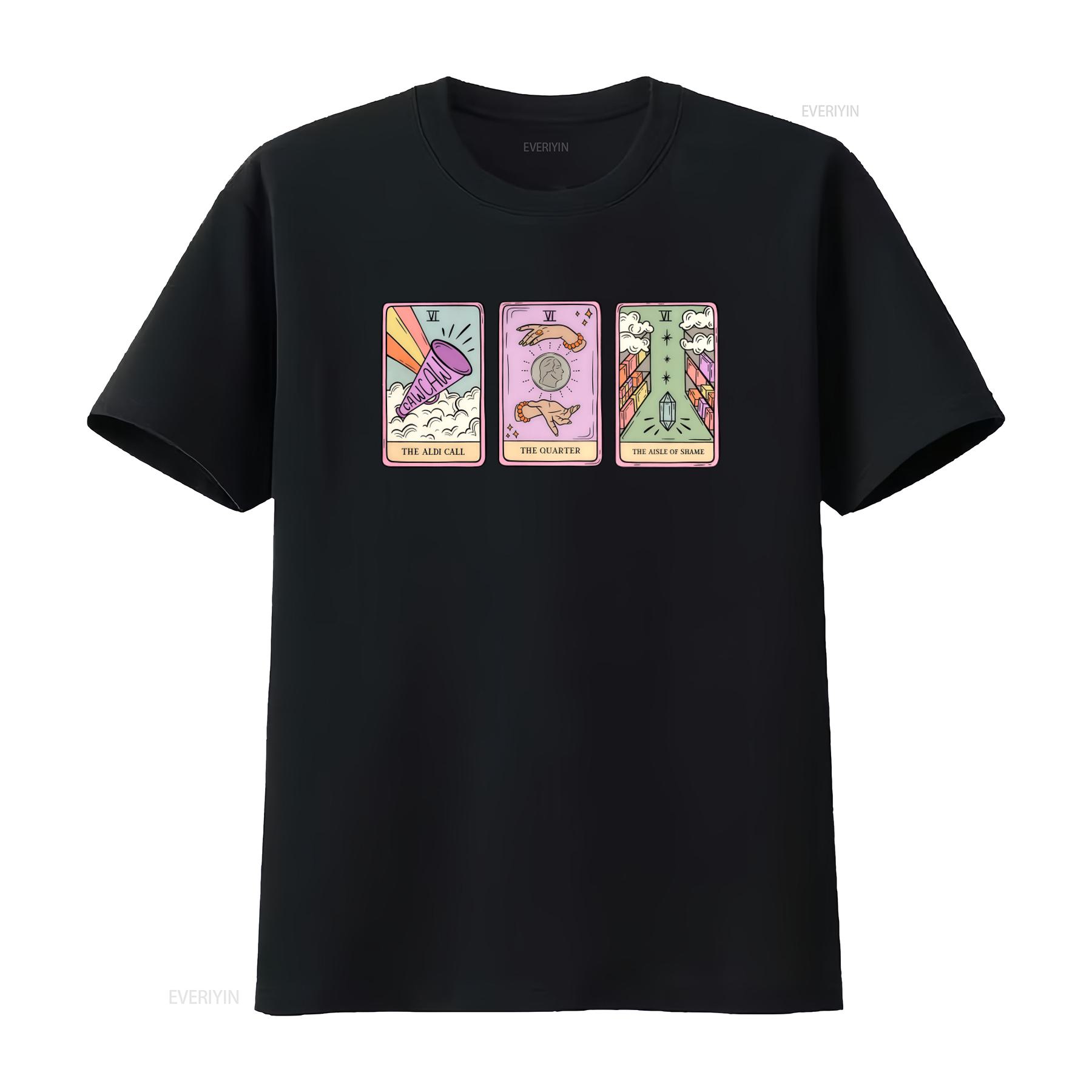 

Aldi Tarot Handmade T Shirt with Caw Call Quarter and Aisle of Shame Designs for Trendy Fashion vintage Washed 4XL