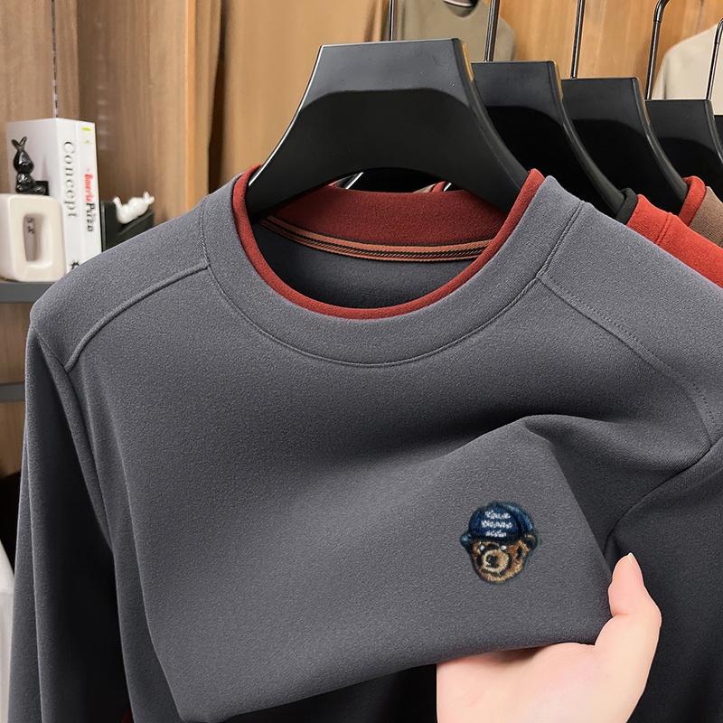 

Exquisite Bear Embroidery Men s O-Neck Pullover Velvet Long Sleeve T-Shirt Autumn Winter Soft Warm Versatile Trend Men swear XL