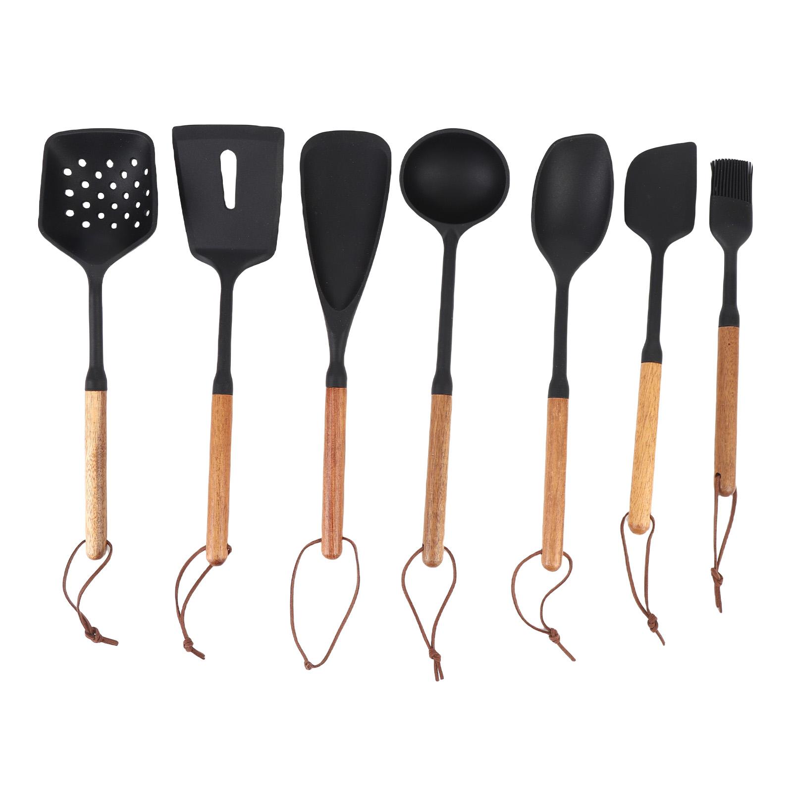 

7PCS Kitchen Cooking Utensils Silicone Heat Proof Nonstick Cooking Spatula Turner Spoon Set with Wooden Handle for Frying Serving Flipping Draining