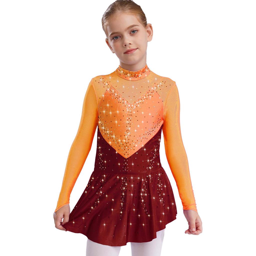 Jenter Skøytekjoler Dansedrakter Mock Neck Langermet Fargeblokk Gjennomsiktig Mesh Patchwork Skinnende Rhinestones Kjole