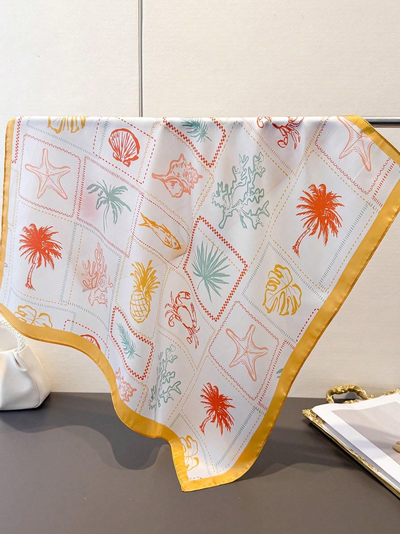 

1pc Vintage Ocean Elements Starfish & Shell Lightweight Scarf, Women s Square Headscarf, Suitable For Beach, Street, Daily Wear, Vacation
