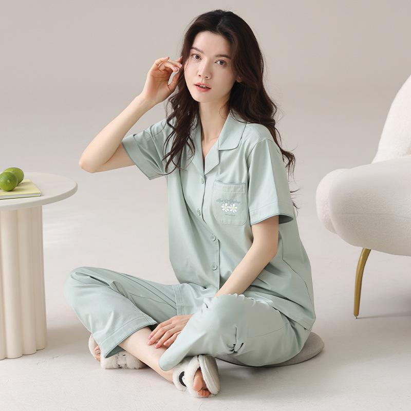 Pajamas Ladies Summer Cotton Short Sleeve Trousers Summer Women's Cotton Thin New Year's Half Sleeve Loungewear
