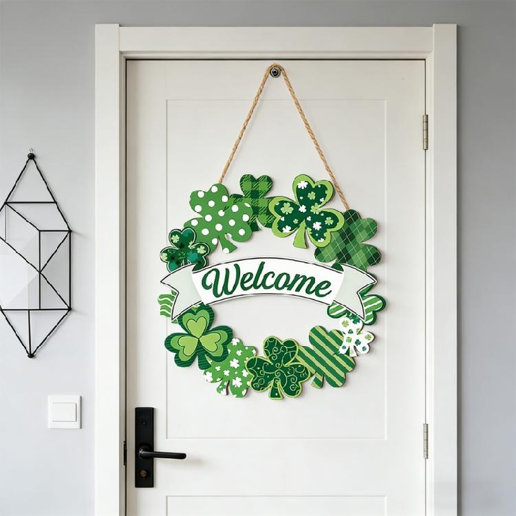 Patricks Day Wooden Wreath for Front Door Decoration Welcome Irish Shamrock Door Sign Spring Hanging Decors for Party