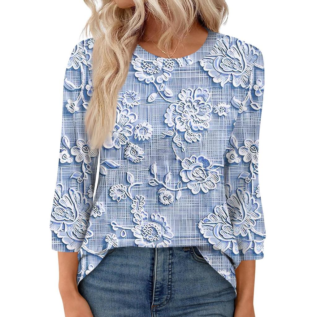 Women's Fashion Casual Round Neck 3/4 Sleeve Loose  Printed T-Shirt Ladies Top