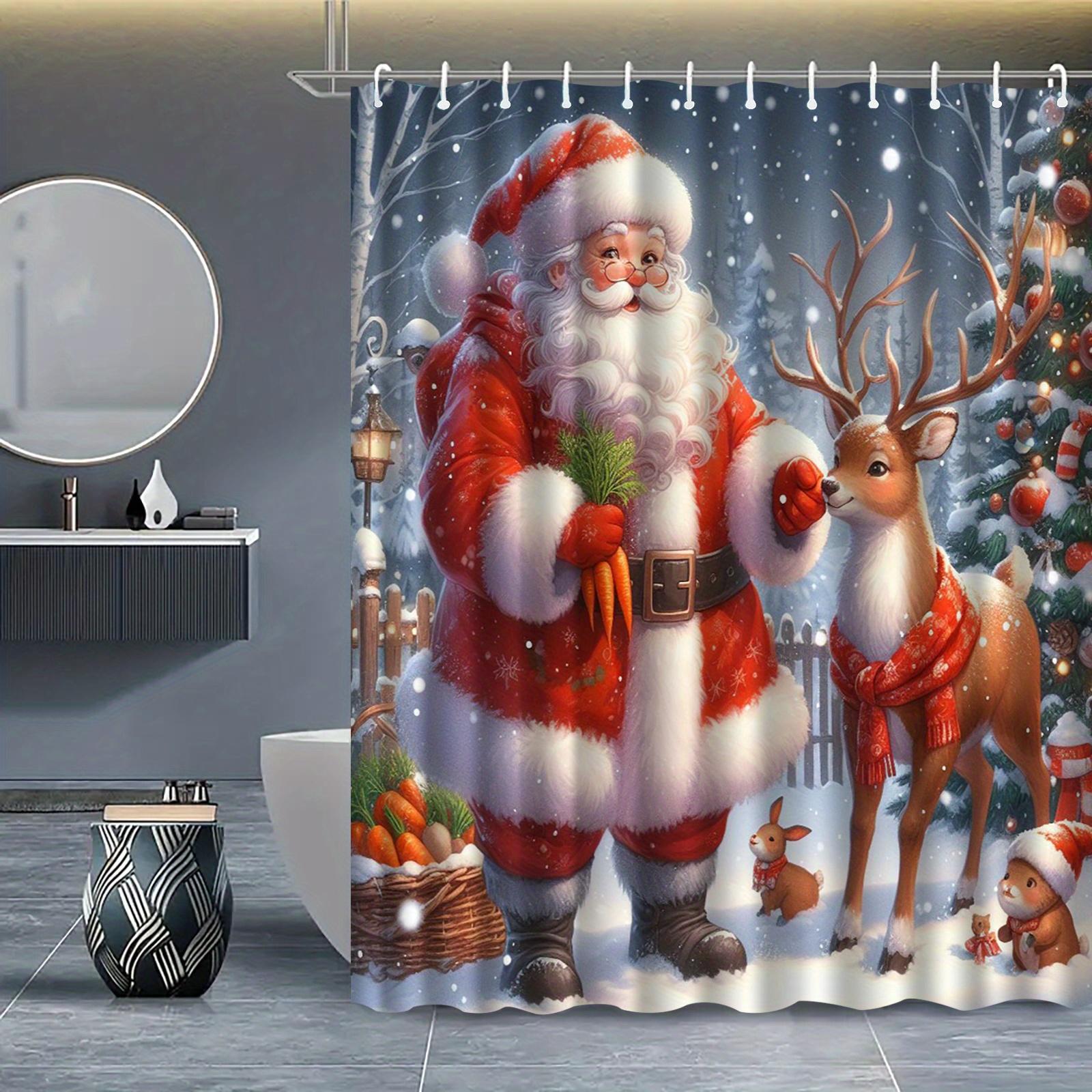 

Santa Claus & Reindeer Christmas Shower Curtain With Hooks - Festive Polyester Bath Divider, Machine Washable Bathroom Decor W60H190(CM)-1 Pcs