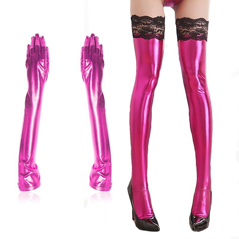 Manyjoy Women's Lacquer Leather Stocking with Lace for Women Sexy Tights Bodysuit Fashion Gloves Suit Sex Toys for Couple