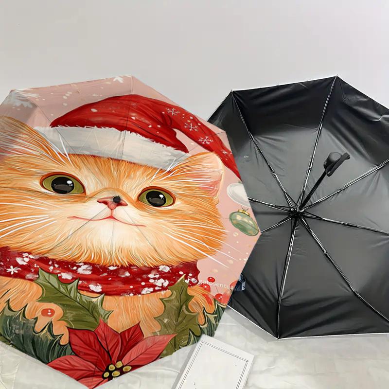 Christmas Cat with Santa Hat & Scarf - Festive Holiday Gift for Fans, Travelers, Everyday Use | Auto Open Close Umbrella | Portable 3-Fold D