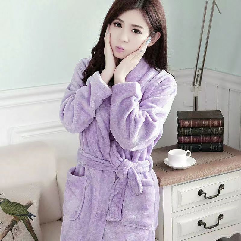 Men's Mid-Length Plush Coral Fleece Flannel Bathrobe for Autumn/Winter