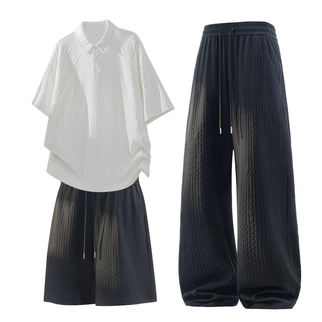 Men's Jacquard American Style Three-Piece Set: Short-Sleeved Polo, Shorts, and Summer Long Pants