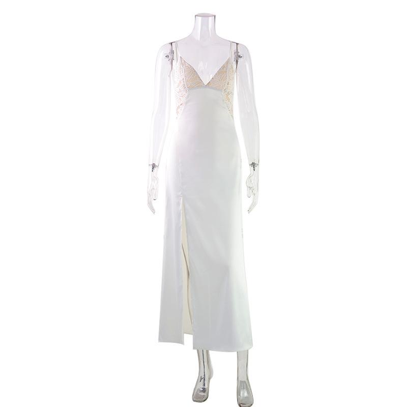 Spring and summer new women s clothing French fashion temperament V-neck suspender dress texture splicing satin dress women S белый