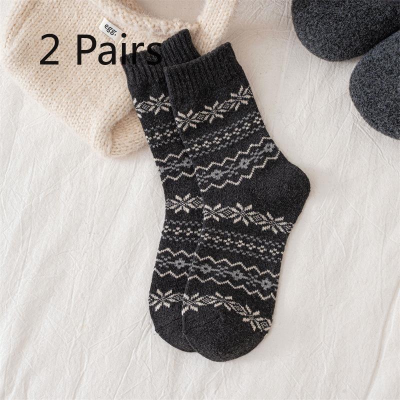 2 Pairs of Autumn-winter Retro Fair Isle Snowflake Wool Socks - Children's Mid-calf Socks, Thick and Warm, Versatile and Suitable for All Occasions.